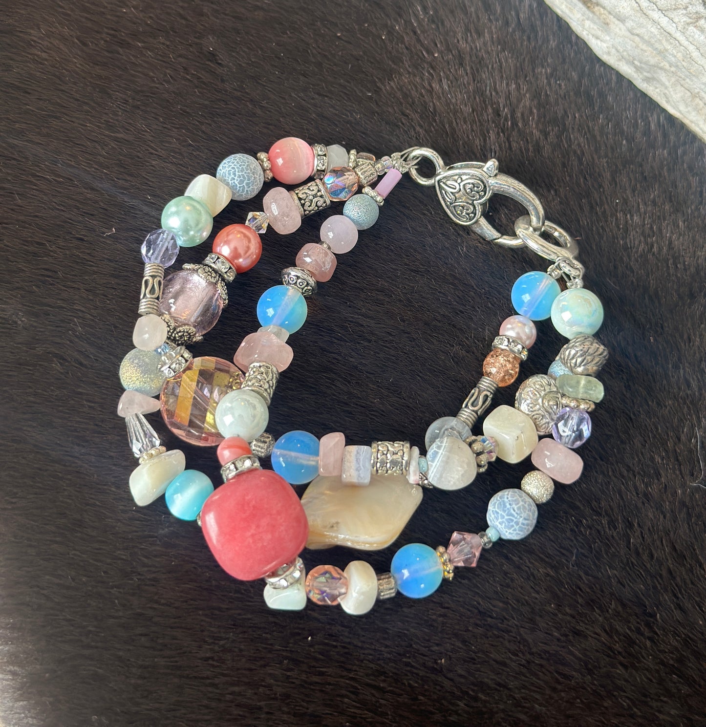 Triple Strand Pastel Semi-Precious Beaded Bracelet