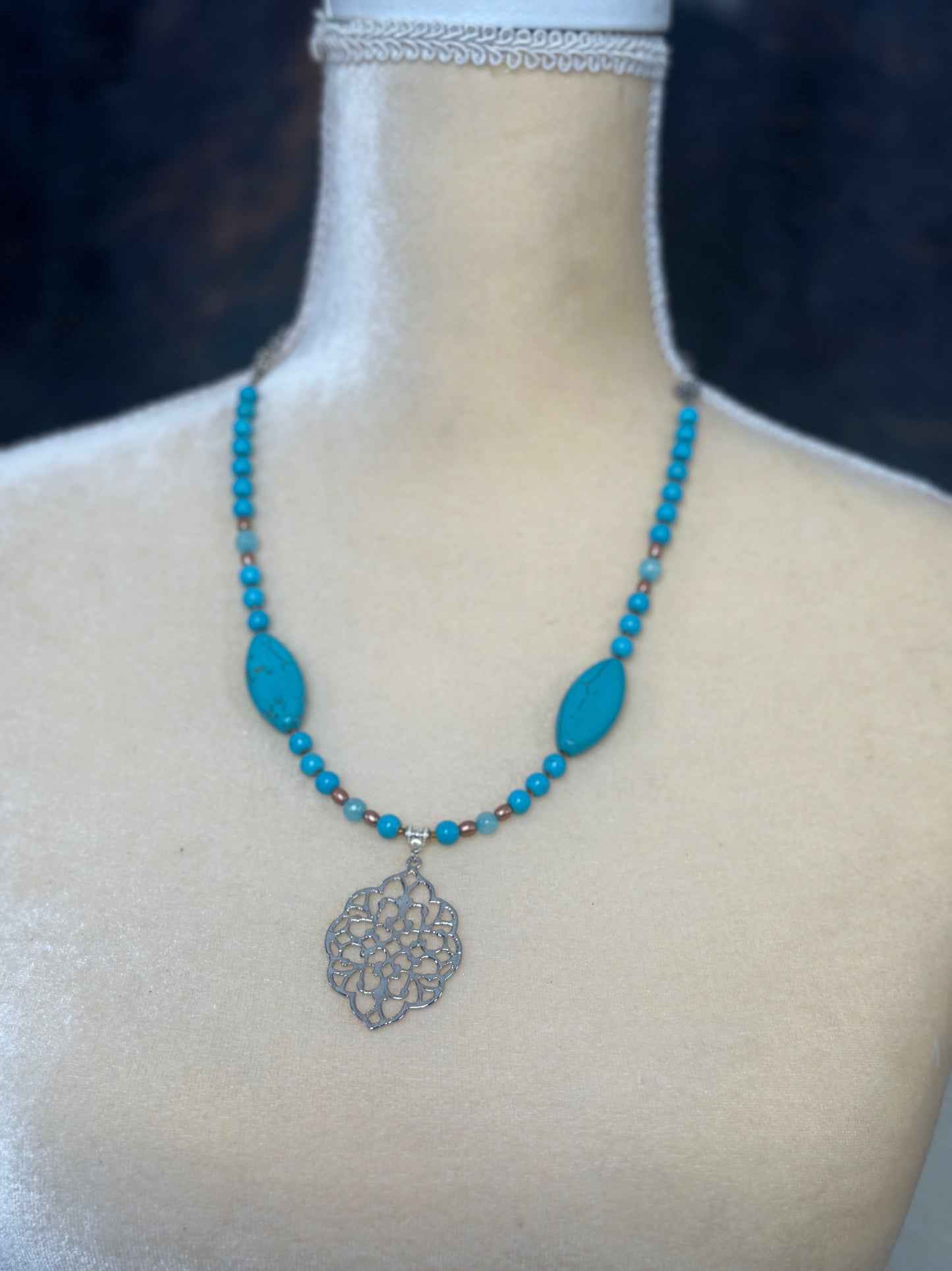 Turquoise Necklace with Pearls and Filagree Pendant