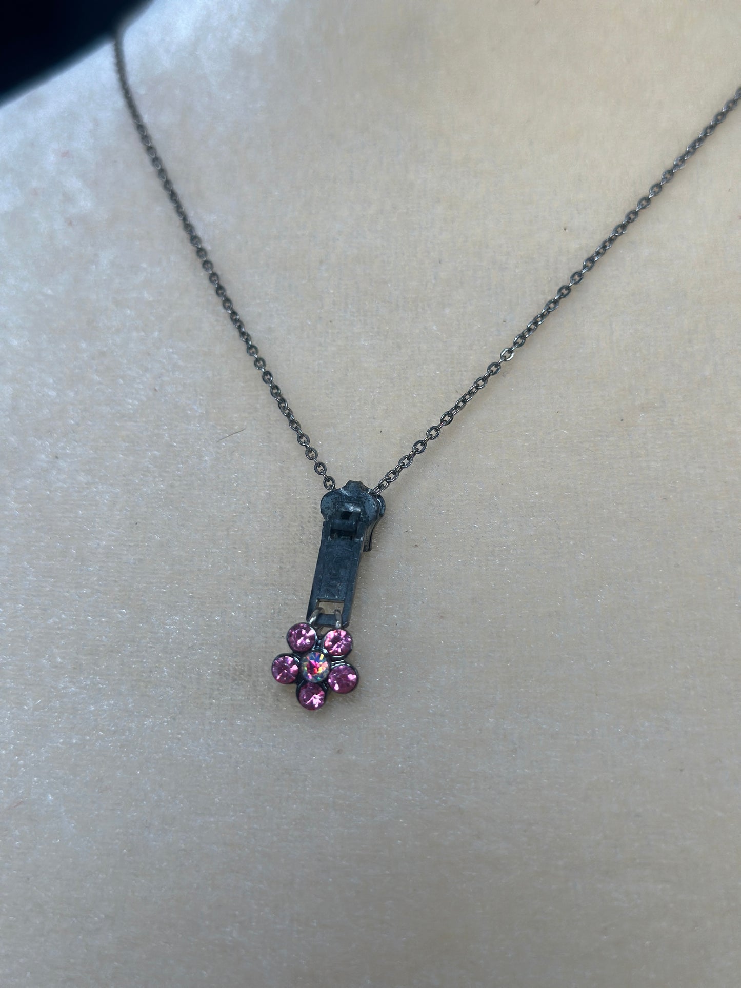 Silver Tone Link Chain Zipper Neckace